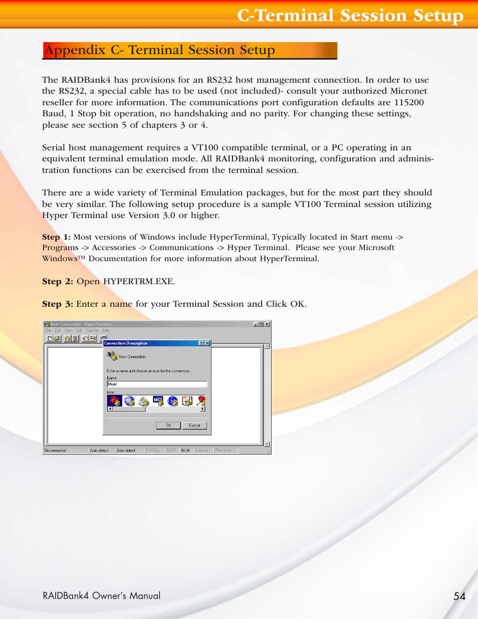 C-terminal session setup, Appendix c- terminal session setup | MicroNet Technology Network Device RAIDBank4 User Manual | Page 54 / 66