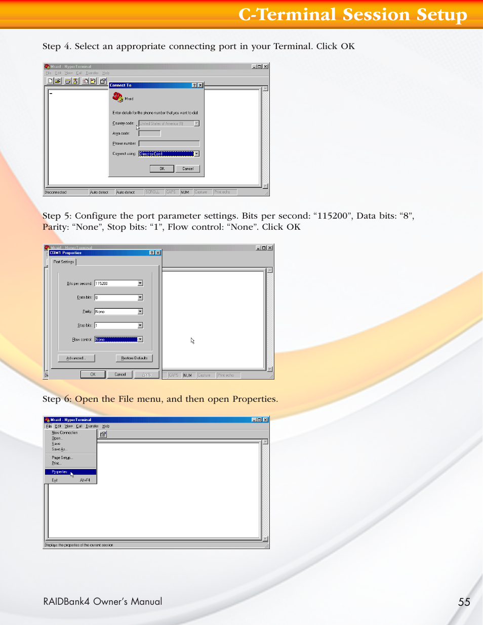 C-terminal session setup | MicroNet Technology Network Device RAIDBank4 User Manual | Page 55 / 66