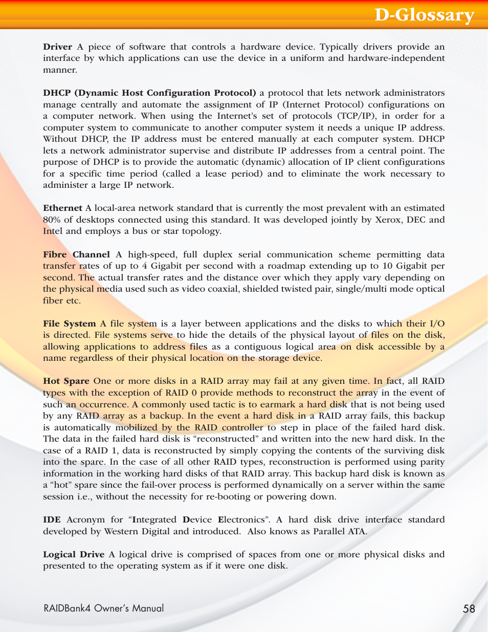 D-glossary | MicroNet Technology Network Device RAIDBank4 User Manual | Page 58 / 66