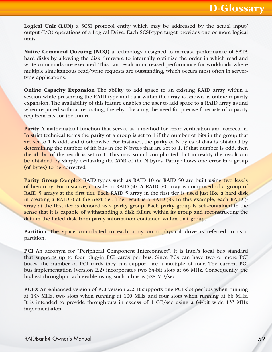 D-glossary | MicroNet Technology Network Device RAIDBank4 User Manual | Page 59 / 66