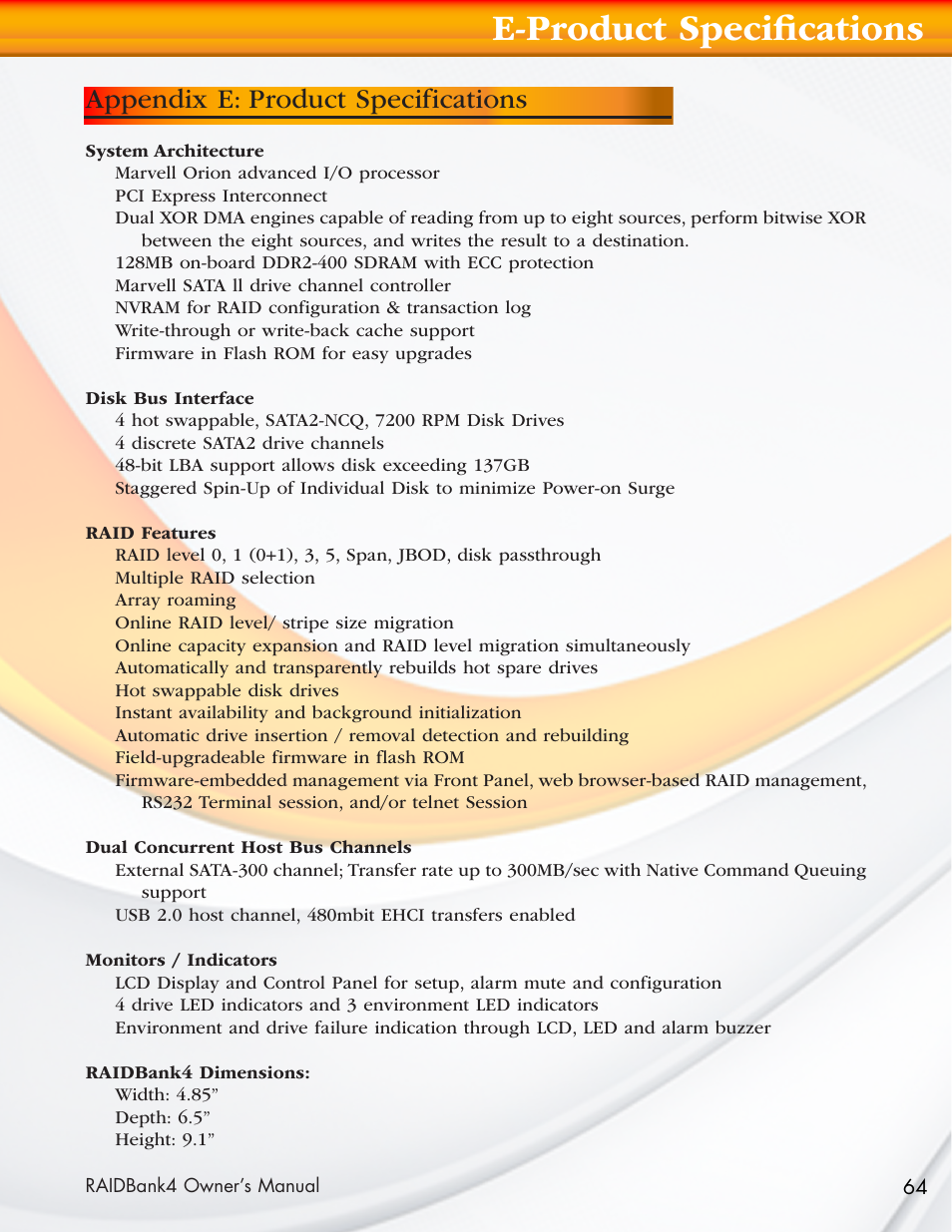 E-product specifications, Appendix e: product specifications | MicroNet Technology Network Device RAIDBank4 User Manual | Page 64 / 66