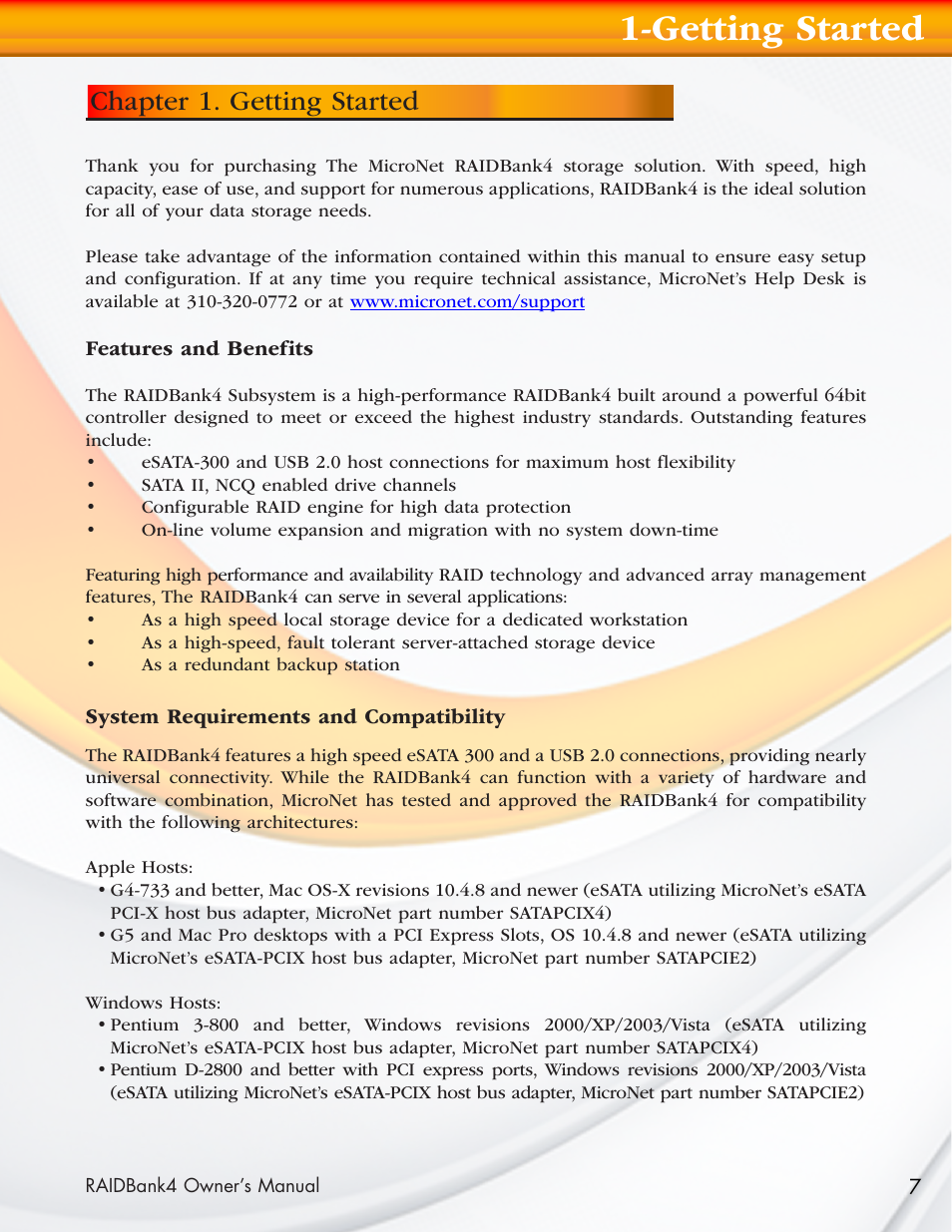 Getting started, Chapter 1. getting started | MicroNet Technology Network Device RAIDBank4 User Manual | Page 7 / 66