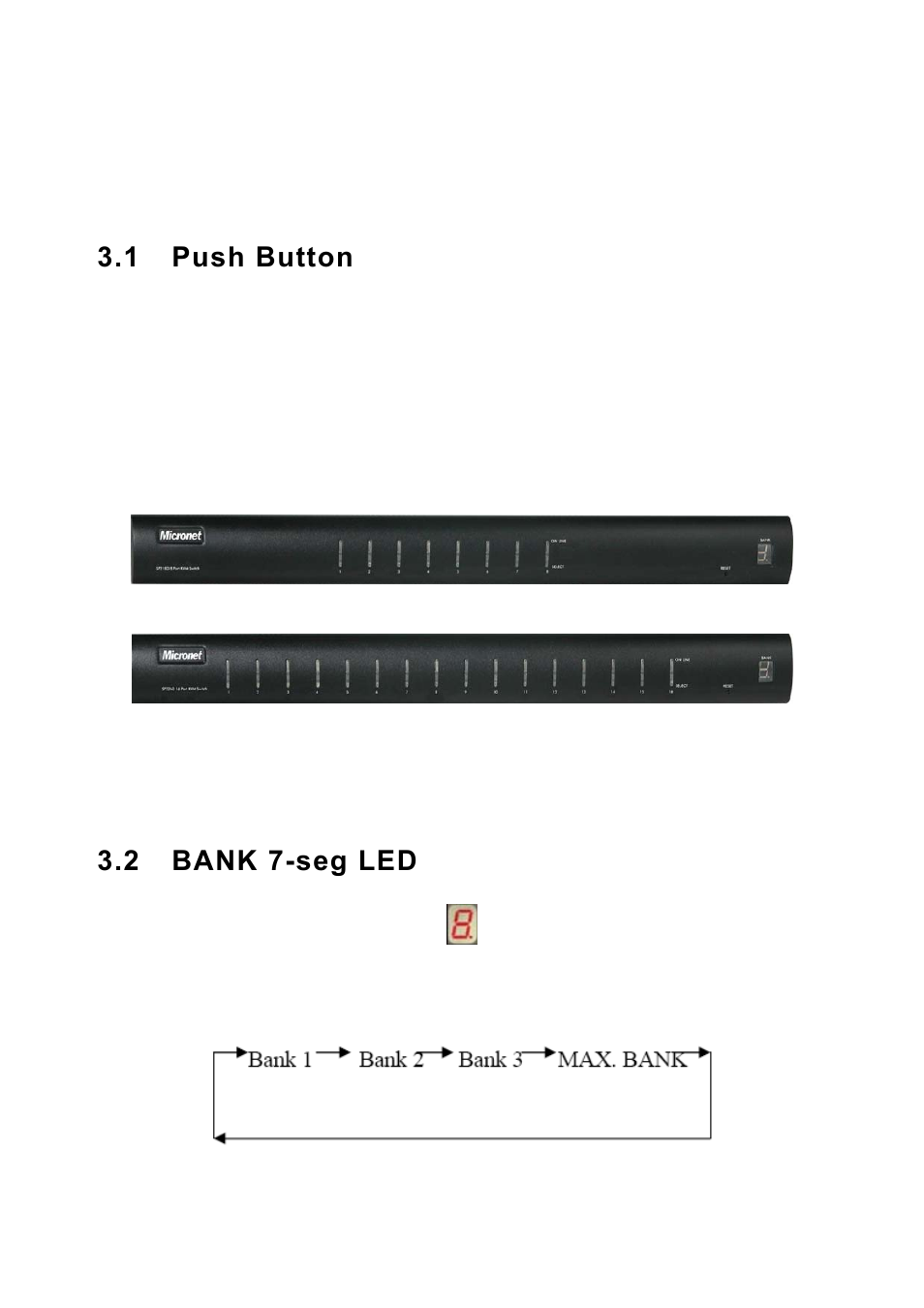 Chapter 3 operation, 1 push button, 2 bank 7-seg led | Chapter 3, Operation, Push button, Bank 7-seg led | MicroNet Technology SP218D User Manual | Page 13 / 24