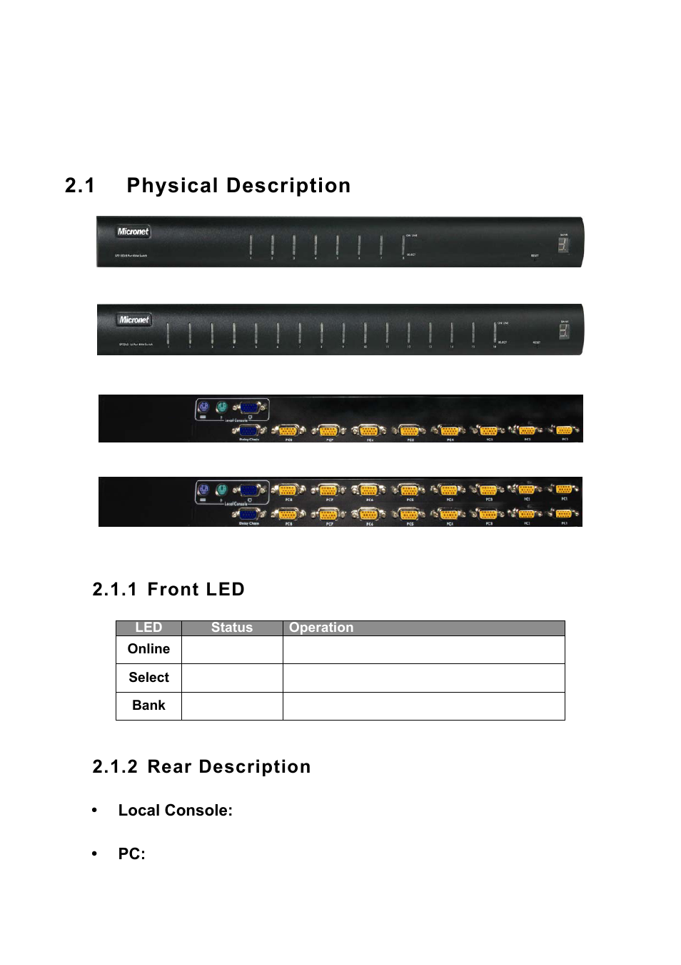 Chapter 2 hardware installation, 1 physical description, 1 front led | 2 rear description, Chapter 2, Hardware installation, Physical description | MicroNet Technology SP218D User Manual | Page 7 / 24