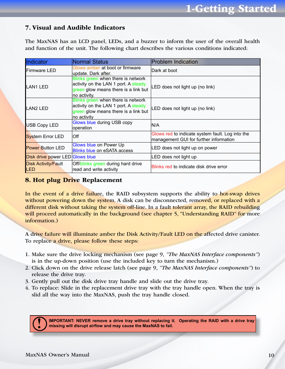 Visual and audible indicators, Hot plug drive replacement, Getting started | MicroNet Technology MaxNAS User Manual | Page 10 / 79