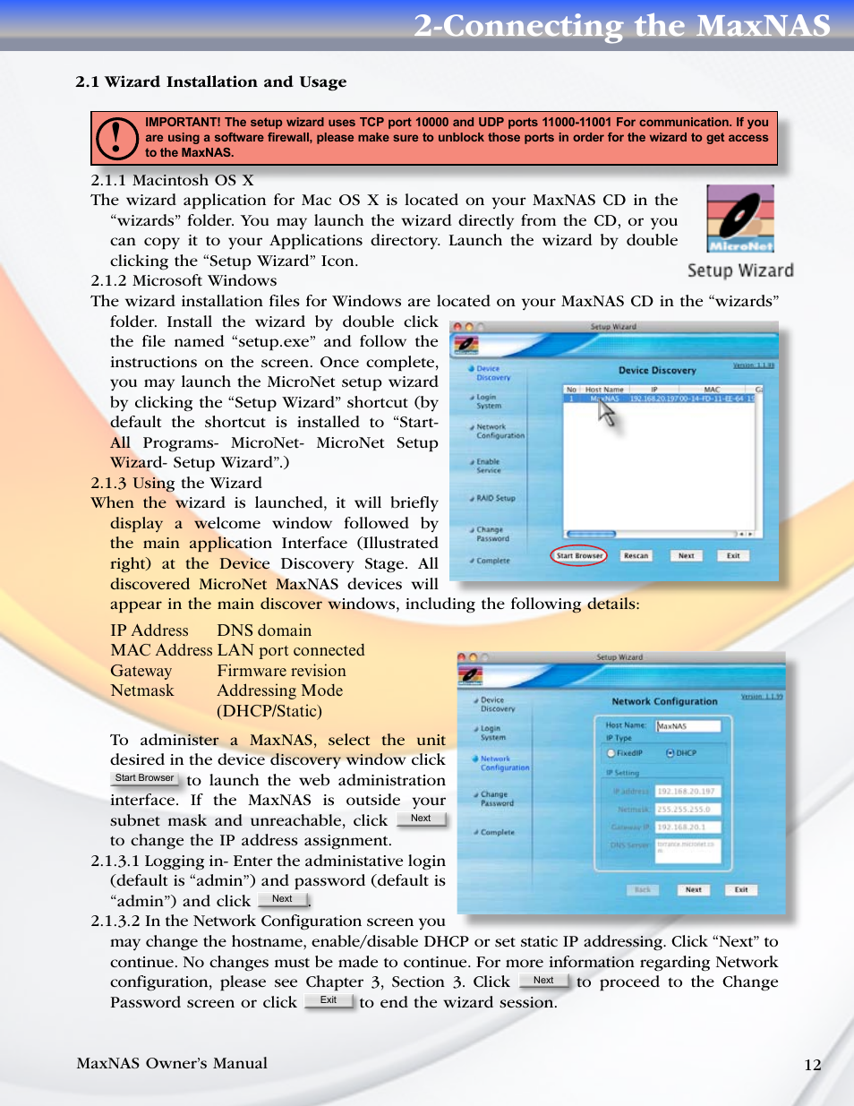 1 wizard installation and usage, Connecting the maxnas | MicroNet Technology MaxNAS User Manual | Page 12 / 79