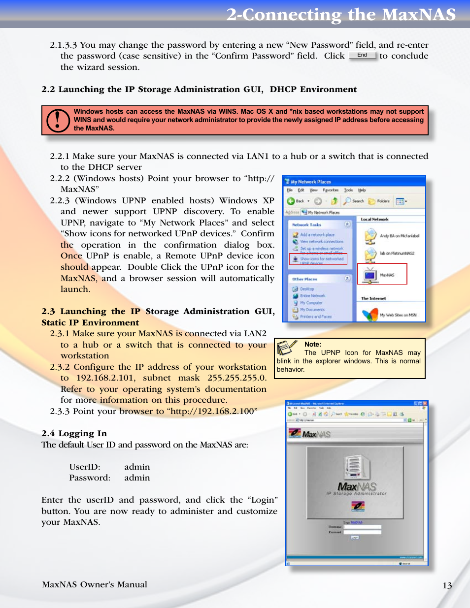 4 logging in, Connecting the maxnas | MicroNet Technology MaxNAS User Manual | Page 13 / 79