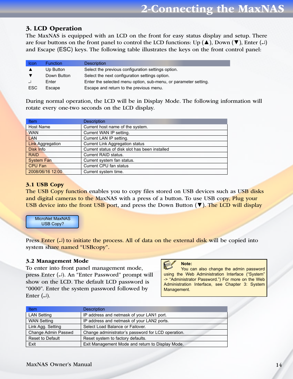 Lcd operation, 1 usb copy, 2 management mode | Connecting the maxnas | MicroNet Technology MaxNAS User Manual | Page 14 / 79