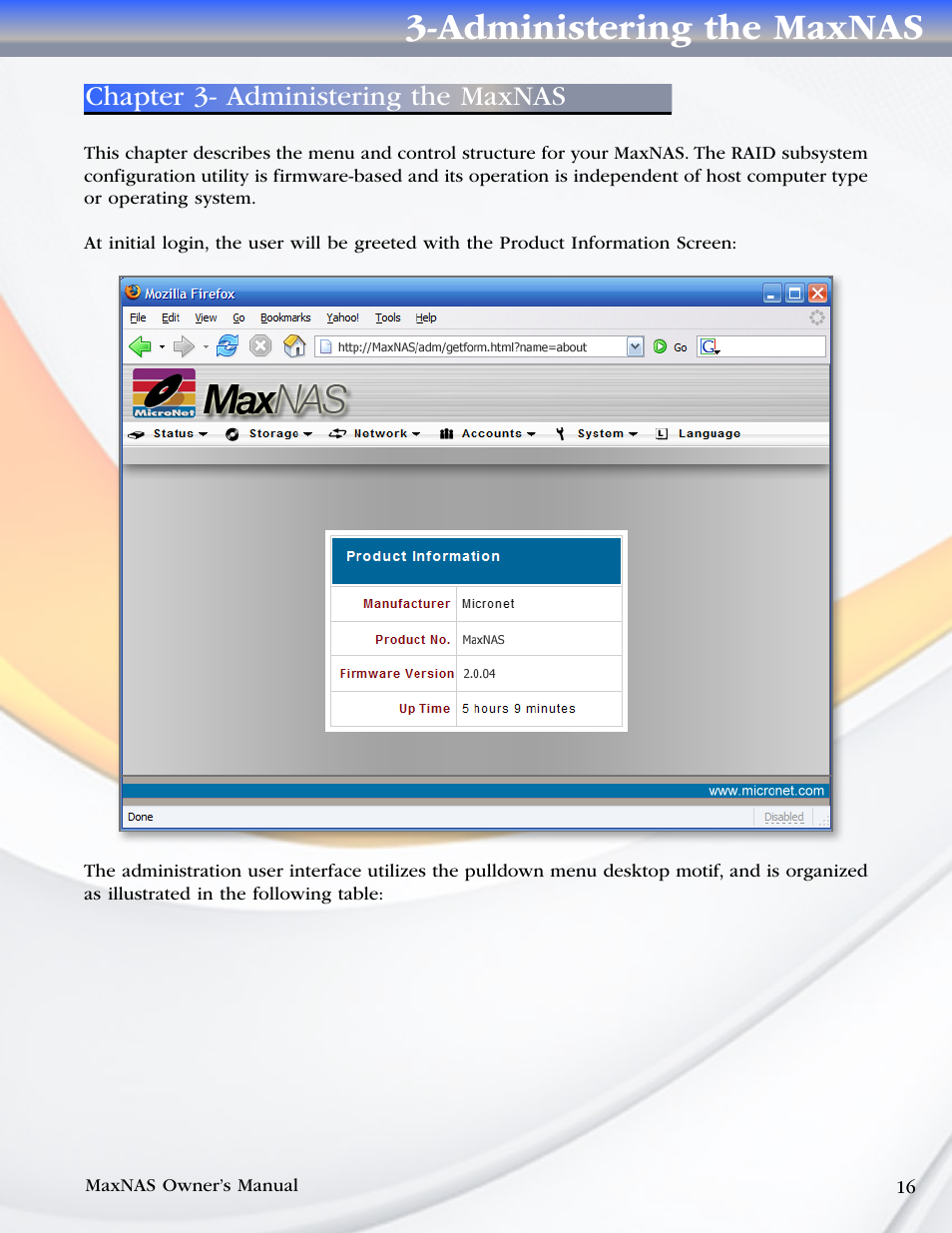 Chapter 3- administering the maxnas, Administering the maxnas | MicroNet Technology MaxNAS User Manual | Page 16 / 79