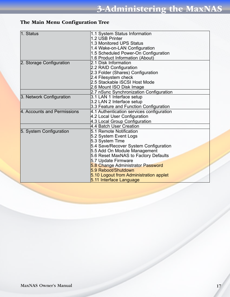 The main menu configuration tree, Administering the maxnas | MicroNet Technology MaxNAS User Manual | Page 17 / 79