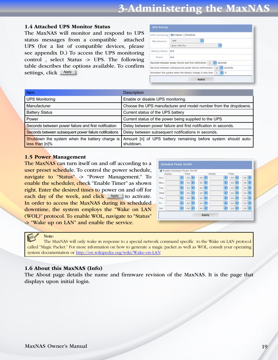 4 attached ups monitor status, 5 power management, 6 about this maxnas (info) | Administering the maxnas | MicroNet Technology MaxNAS User Manual | Page 19 / 79