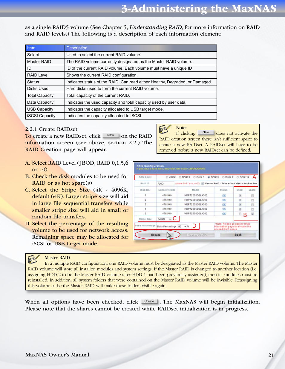 1 create raidset, Administering the maxnas | MicroNet Technology MaxNAS User Manual | Page 21 / 79