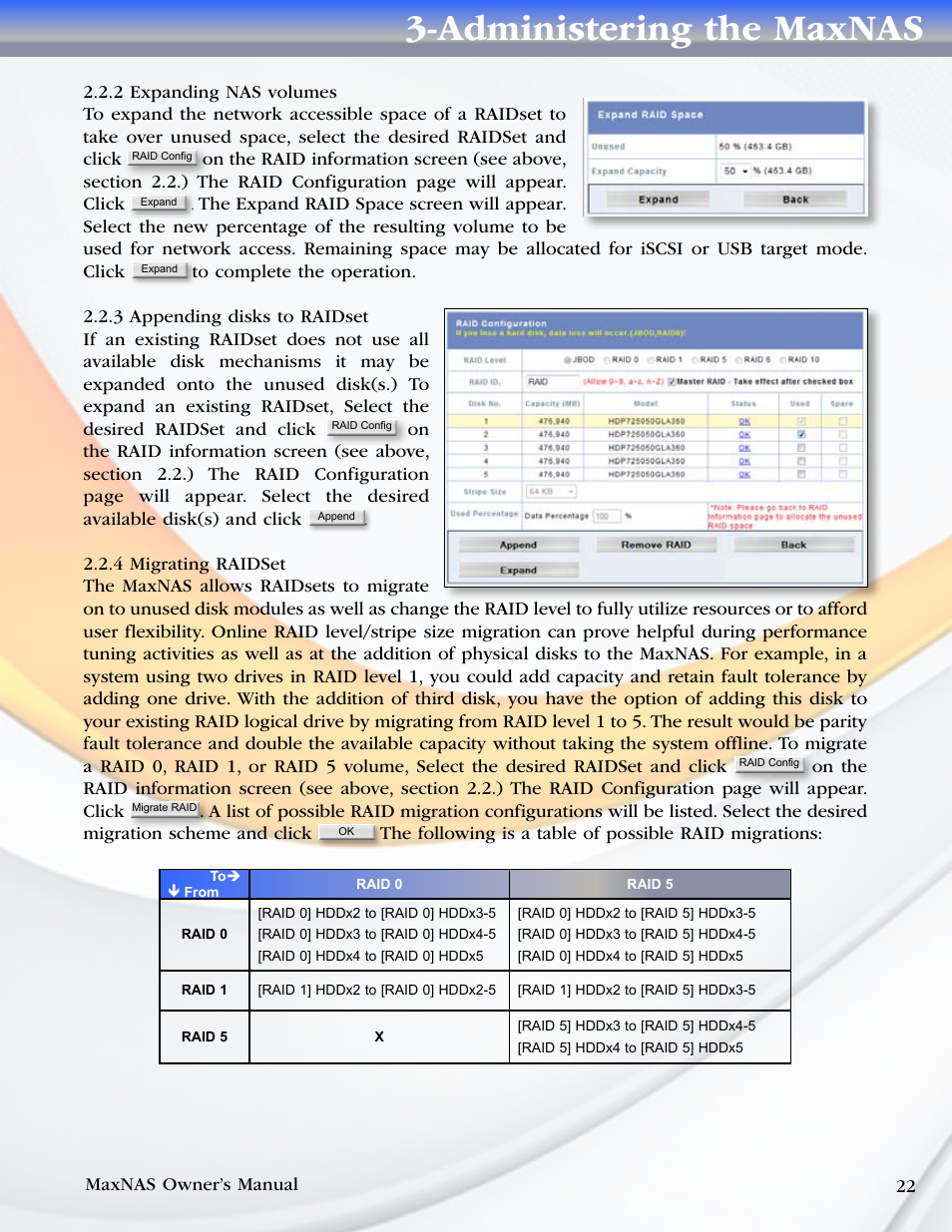 2 expanding nas volumes, 3 appending disks to raidset, 4 migrating raidset | Administering the maxnas | MicroNet Technology MaxNAS User Manual | Page 22 / 79