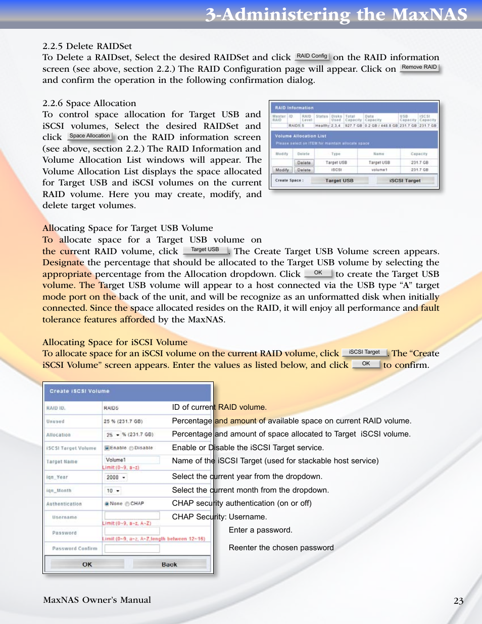 5 delete raidset, 6 space allocation, Administering the maxnas | MicroNet Technology MaxNAS User Manual | Page 23 / 79