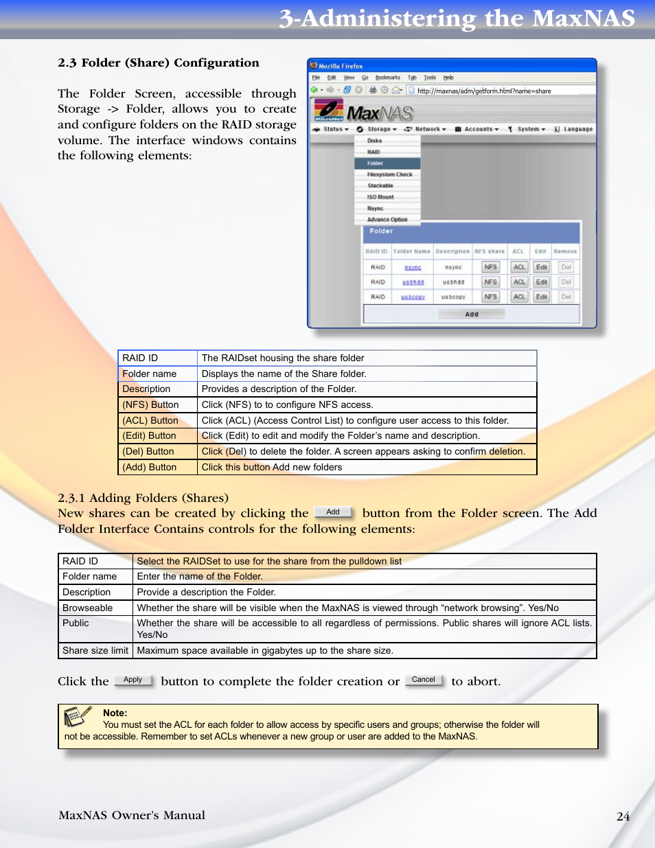 3 folder (share) configuration, 1 adding folders (shares), Administering the maxnas | MicroNet Technology MaxNAS User Manual | Page 24 / 79