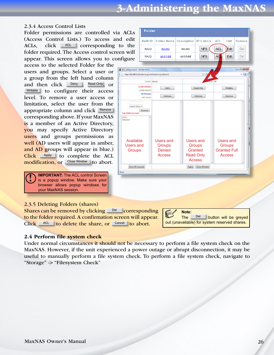 4 access control lists, 5 deleting folders (shares), 4 perform file system check | Administering the maxnas | MicroNet Technology MaxNAS User Manual | Page 26 / 79