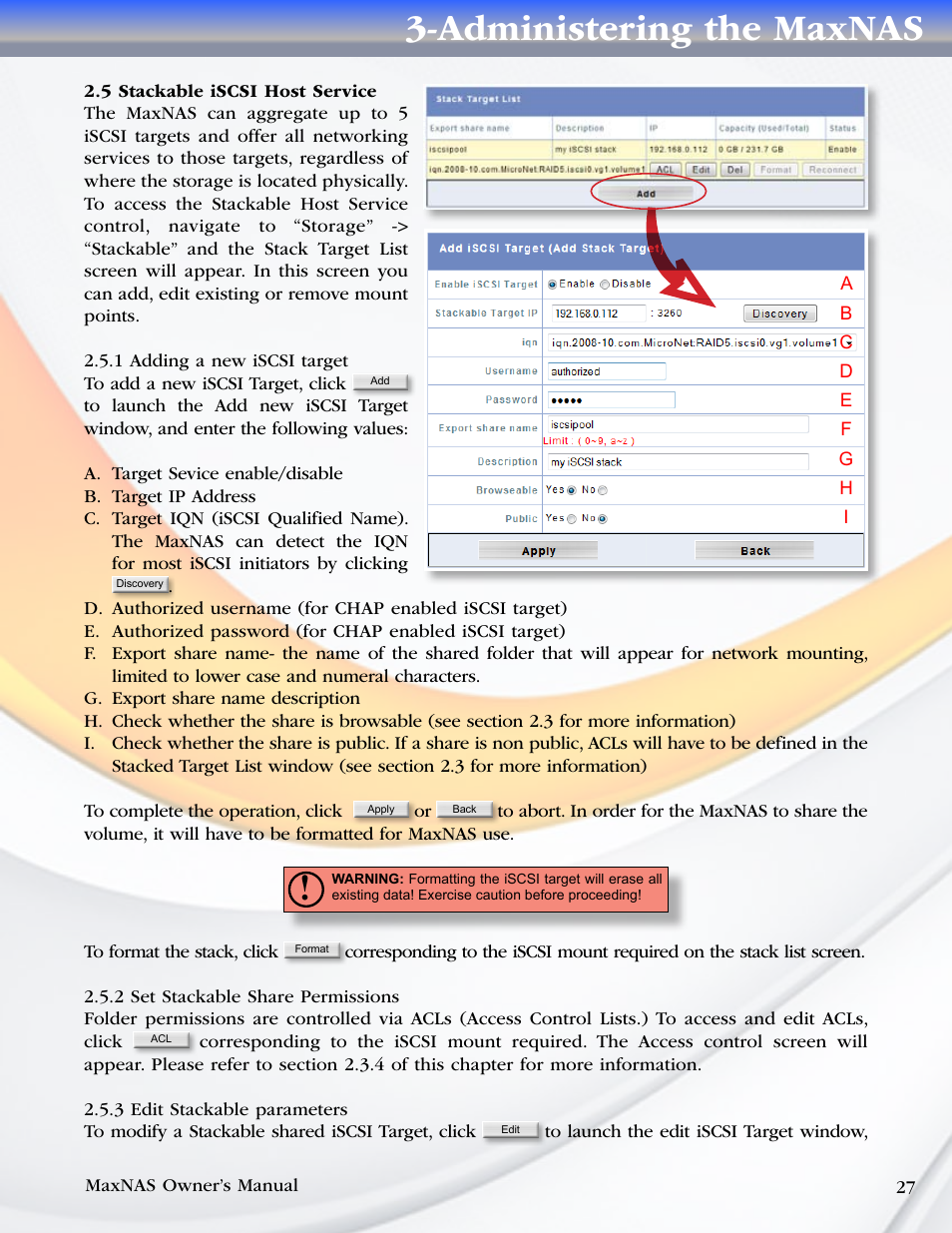 5 stackable iscsi host service, 1 adding a new iscsi target, 2 set stackable share permissions | 3 edit stackable parameters, Administering the maxnas | MicroNet Technology MaxNAS User Manual | Page 27 / 79