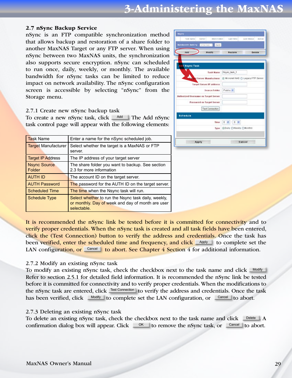 7 nsync backup service, 1 create new nsync backup task, 2 modify an existing nsync task | 3 deleting an existing nsync task, Administering the maxnas | MicroNet Technology MaxNAS User Manual | Page 29 / 79