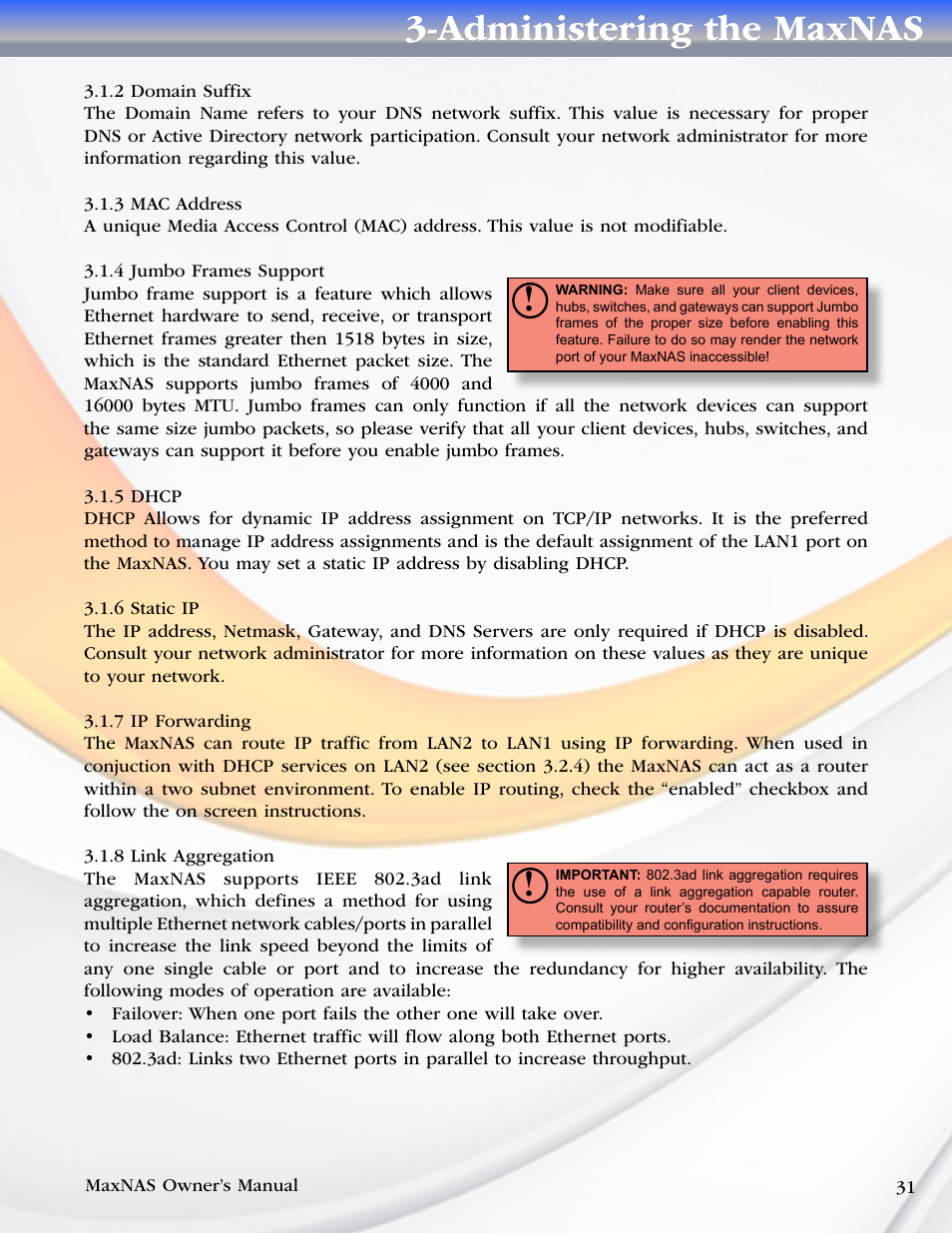 2 domain suffix, 3 mac address, 4 jumbo frames support | 5 dhcp, 6 static ip, 7 ip forwarding, 8 link aggregation, Administering the maxnas | MicroNet Technology MaxNAS User Manual | Page 31 / 79