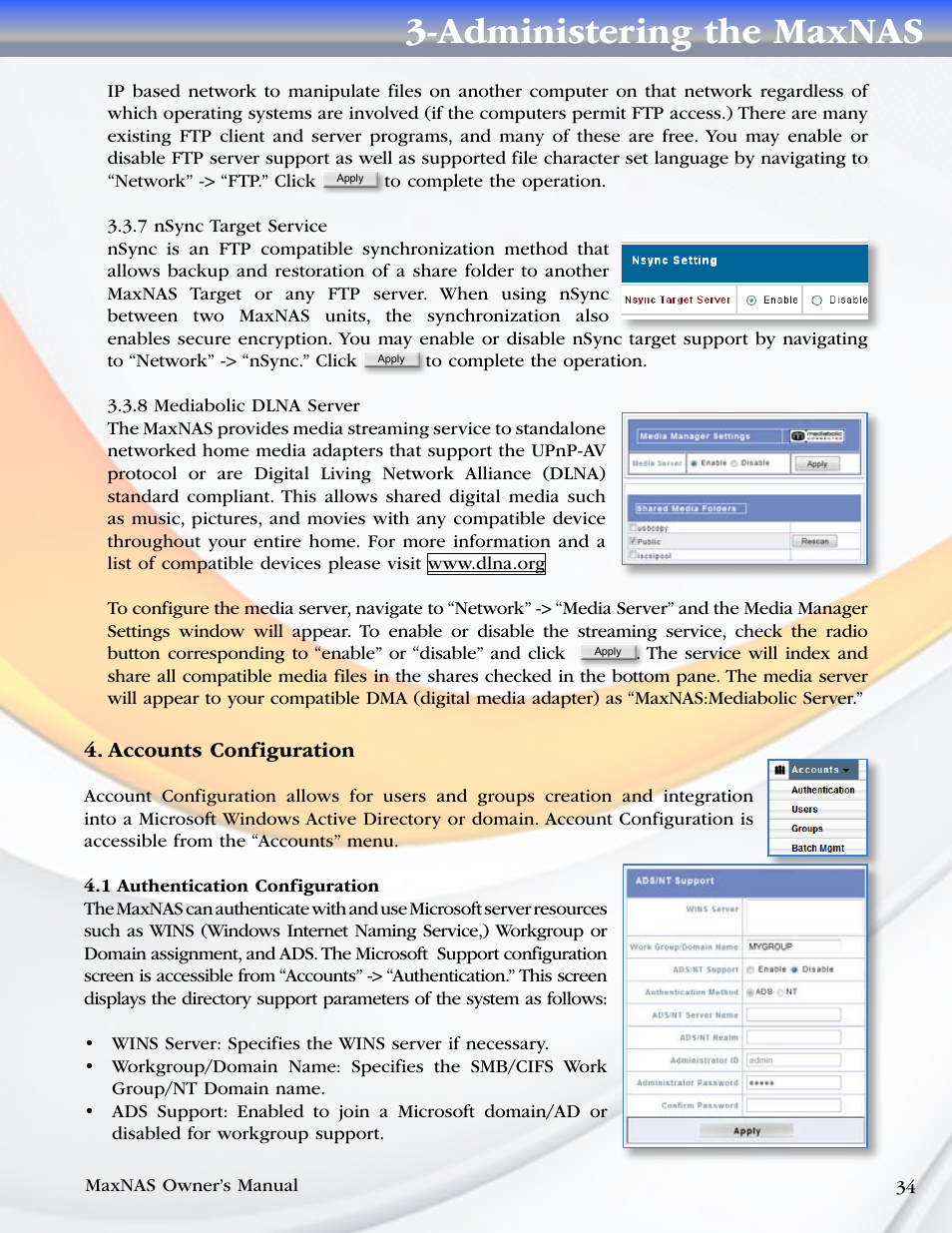 7 nsync target service, 8 mediabolic dlna server, Accounts configuration | 1 authentication configuration, Administering the maxnas | MicroNet Technology MaxNAS User Manual | Page 34 / 79