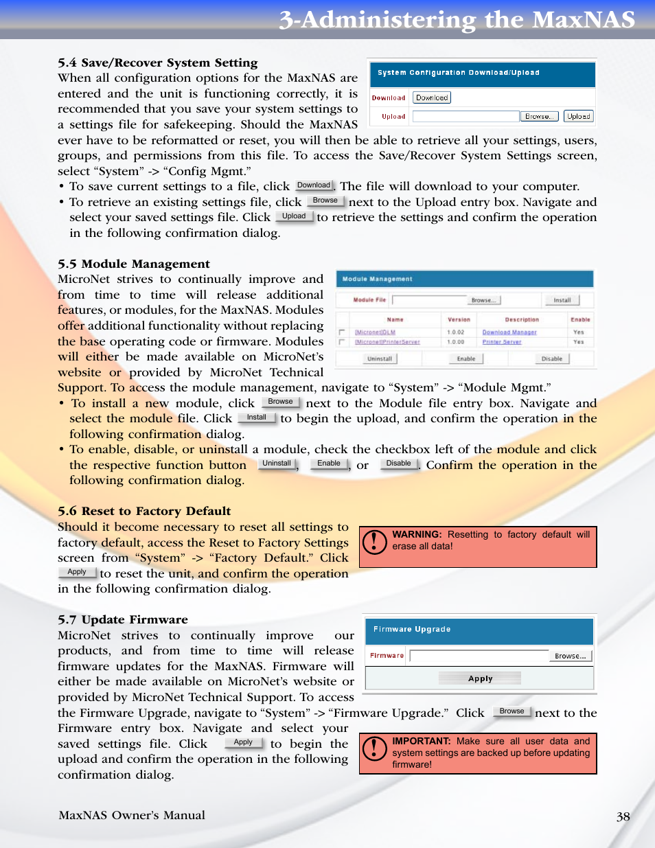 4 save/recover system setting, 5 module management, 6 reset to factory default | 7 update firmware, Administering the maxnas | MicroNet Technology MaxNAS User Manual | Page 38 / 79