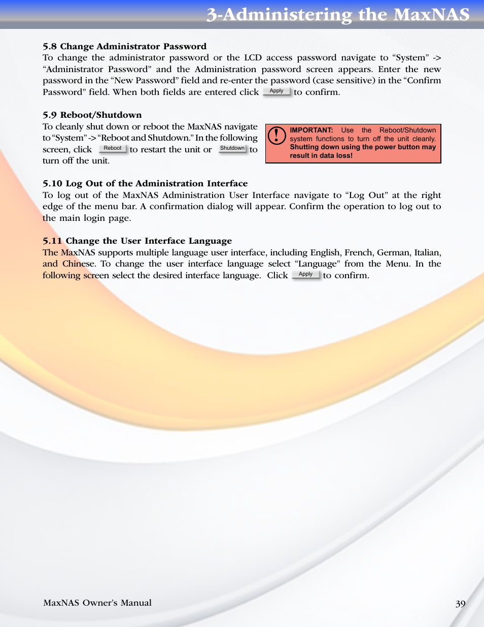8 change administrator password, 9 reboot/shutdown, 10 log out of the administration interface | 11 change the user interface language, Administering the maxnas | MicroNet Technology MaxNAS User Manual | Page 39 / 79
