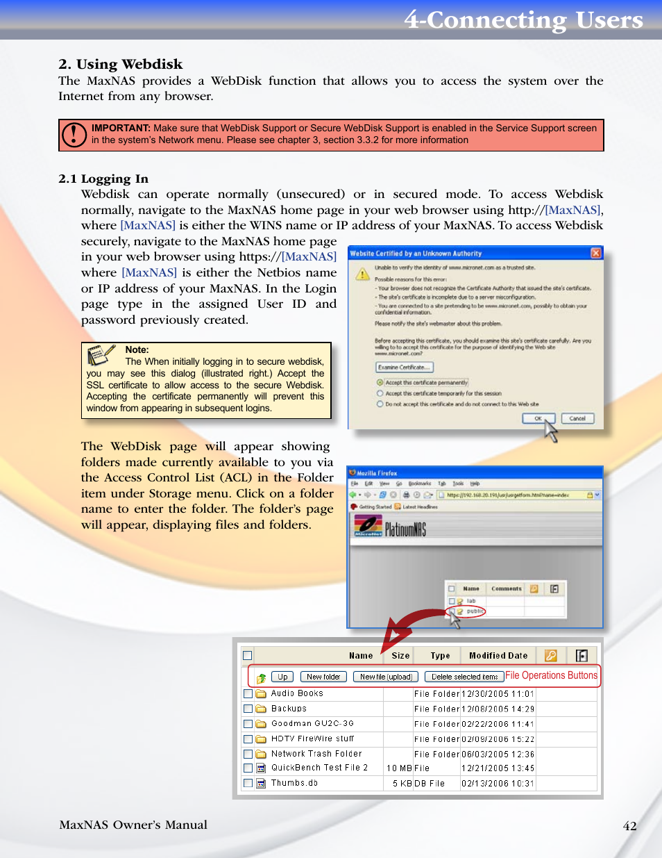 Using webdisk, 1 logging in, Connecting users | MicroNet Technology MaxNAS User Manual | Page 42 / 79