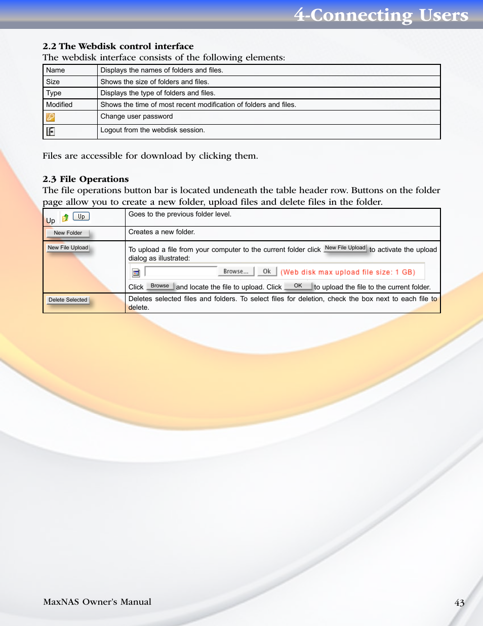 2 the webdisk control interface, 3 file operations, Connecting users | MicroNet Technology MaxNAS User Manual | Page 43 / 79