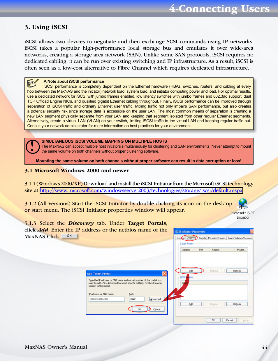 Using iscsi, 1 microsoft windows 2000 and newer, Connecting users | MicroNet Technology MaxNAS User Manual | Page 44 / 79