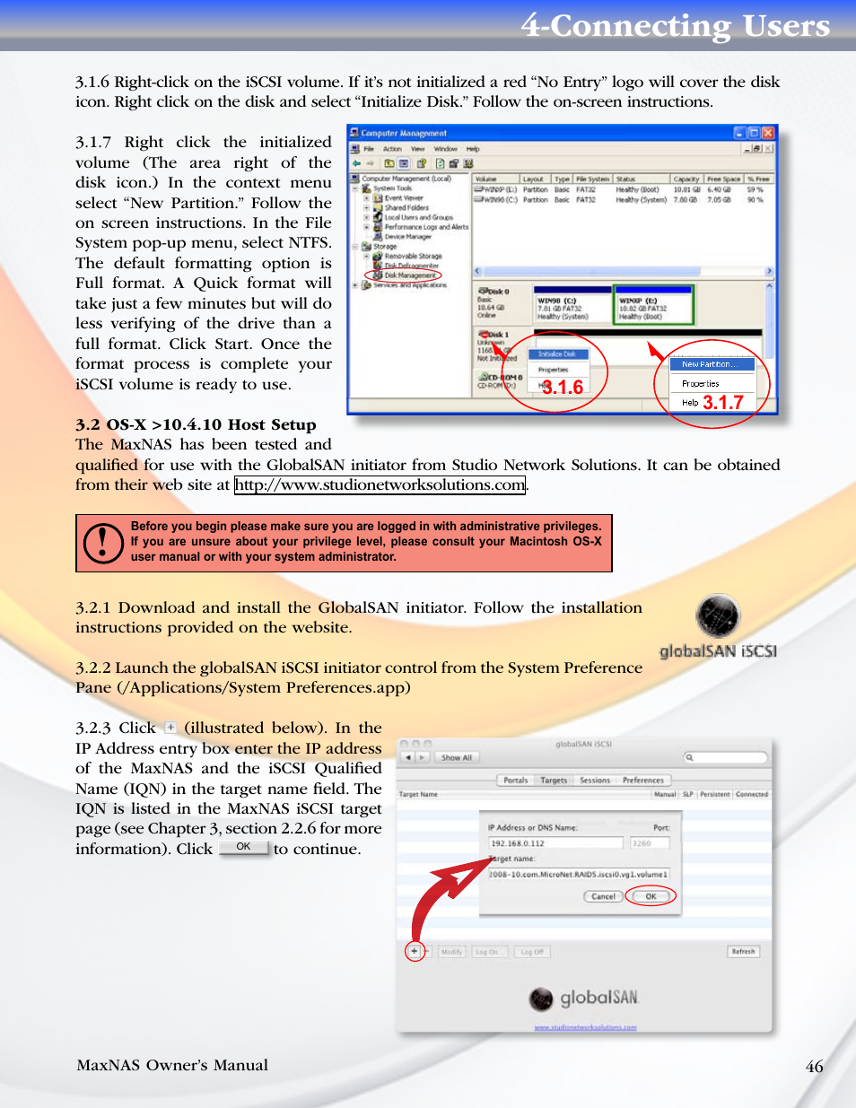 2 os-x >10.4.10 host setup, Connecting users | MicroNet Technology MaxNAS User Manual | Page 46 / 79