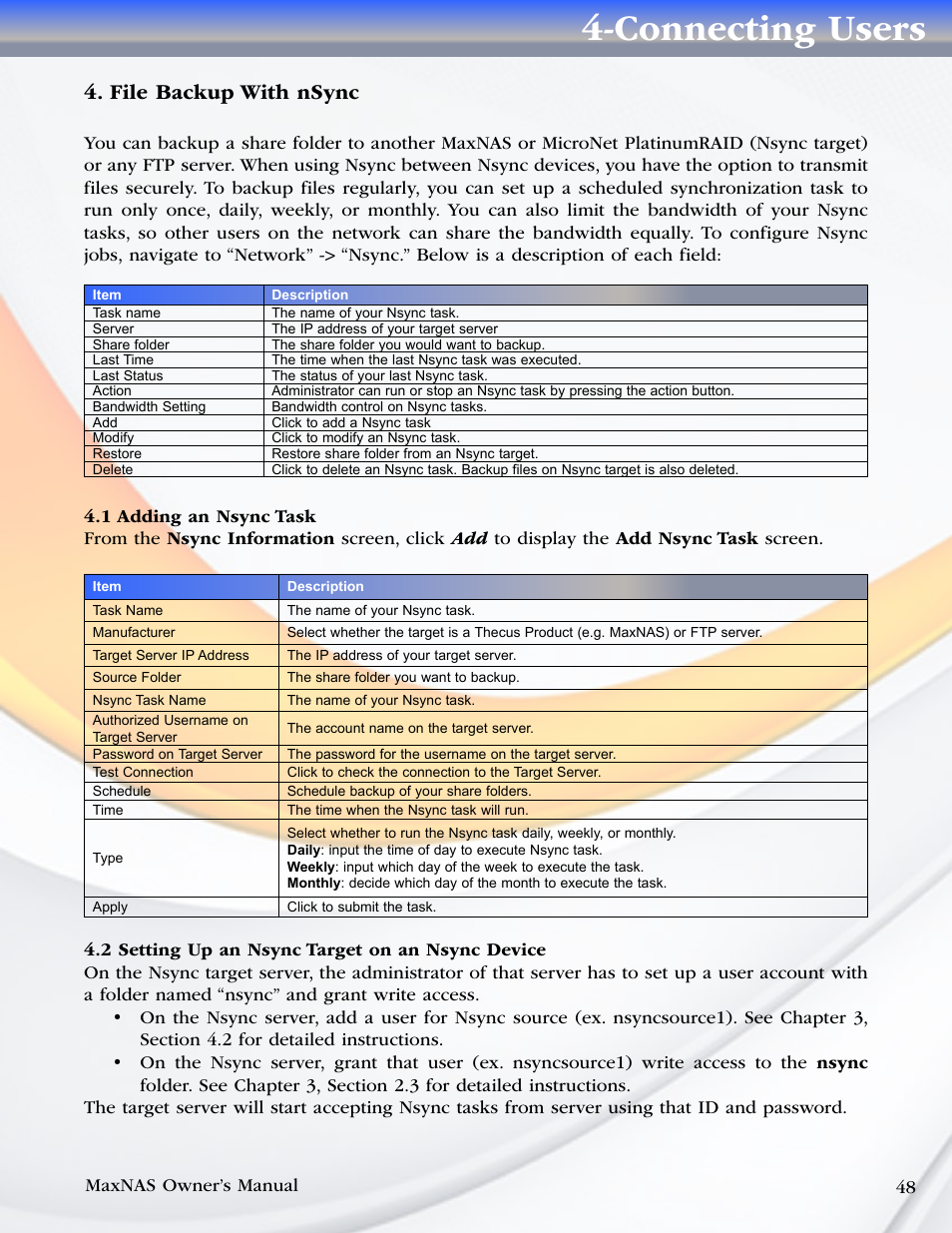 File backup with nsync, 1 adding an nsync task, 2 setting up an nsync target on an nsync device | Connecting users | MicroNet Technology MaxNAS User Manual | Page 48 / 79