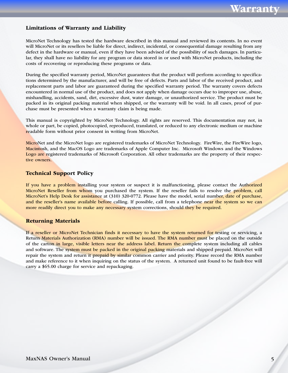 Limitations of warranty and liability, Technical support policy, Returning materials | Warranty | MicroNet Technology MaxNAS User Manual | Page 5 / 79