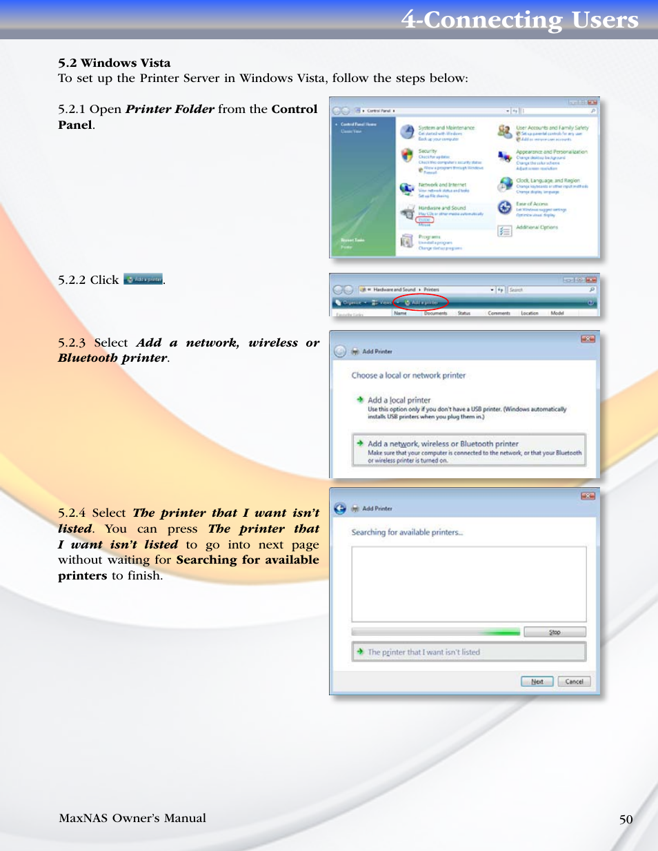 2 windows vista, Connecting users | MicroNet Technology MaxNAS User Manual | Page 50 / 79