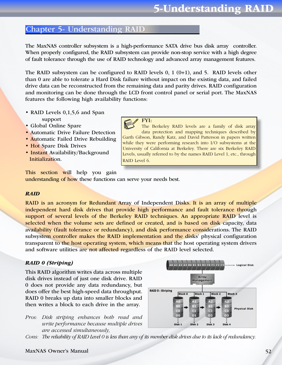 Chapter 5- understanding raid, Raid, Raid 0 (striping) | Understanding raid | MicroNet Technology MaxNAS User Manual | Page 52 / 79