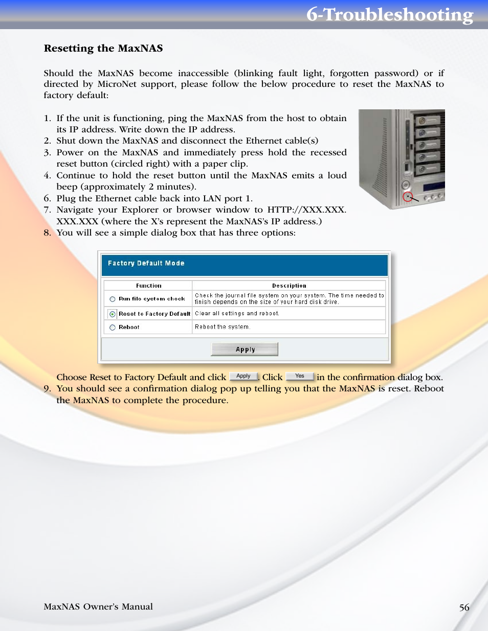 Resetting the maxnas, Troubleshooting | MicroNet Technology MaxNAS User Manual | Page 56 / 79