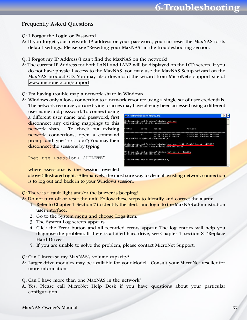 Frequently asked questions, Troubleshooting | MicroNet Technology MaxNAS User Manual | Page 57 / 79