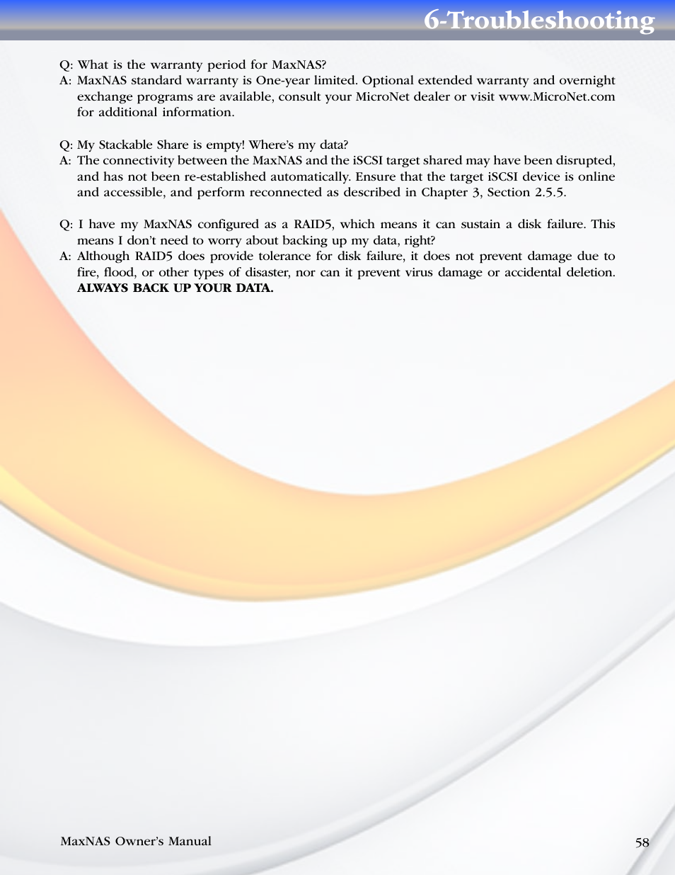 Troubleshooting | MicroNet Technology MaxNAS User Manual | Page 58 / 79