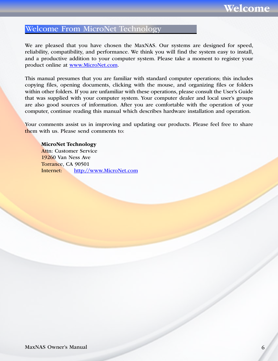 Welcome note, Welcome, Welcome from micronet technology | MicroNet Technology MaxNAS User Manual | Page 6 / 79