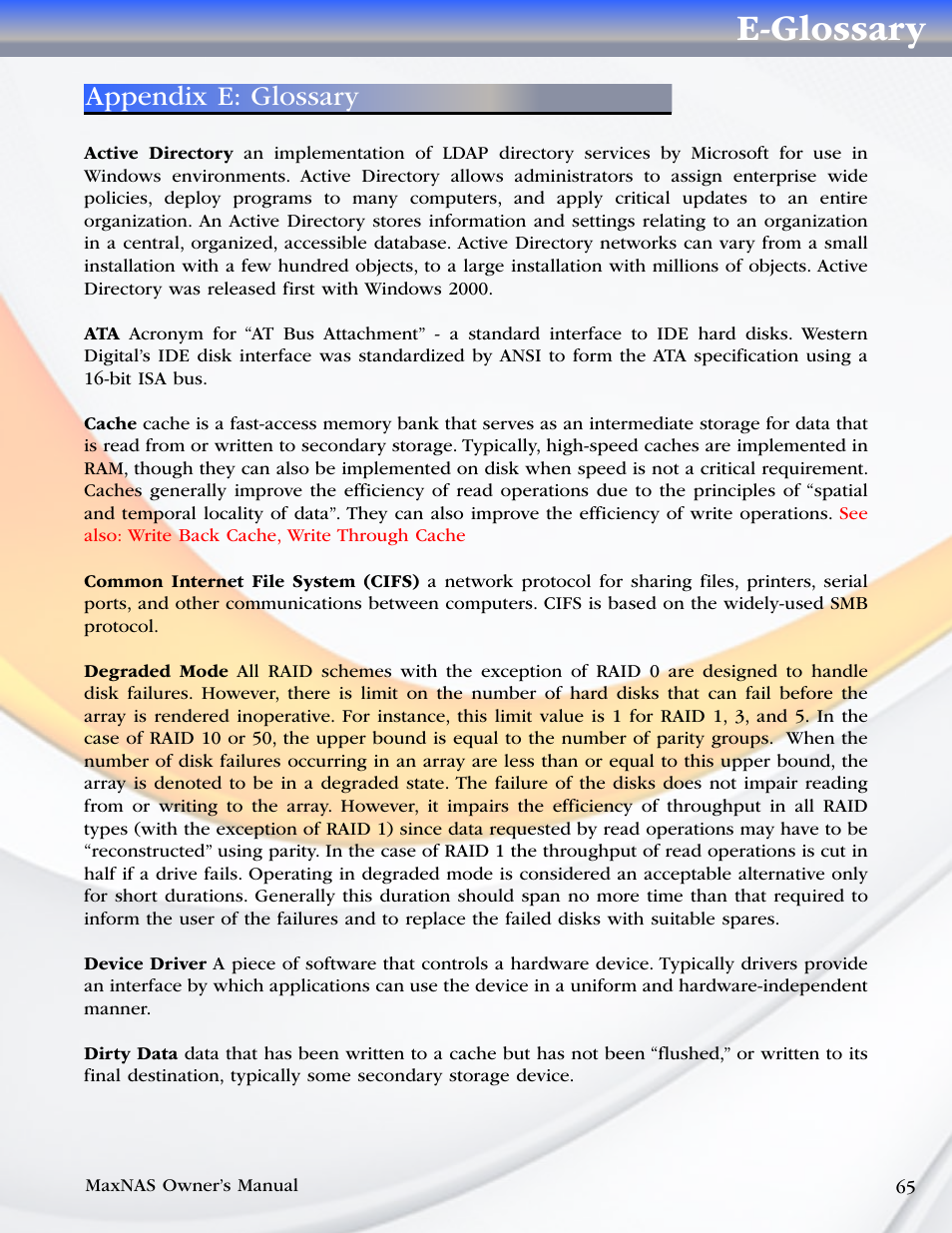Appendix e: glossary, E-glossary | MicroNet Technology MaxNAS User Manual | Page 65 / 79