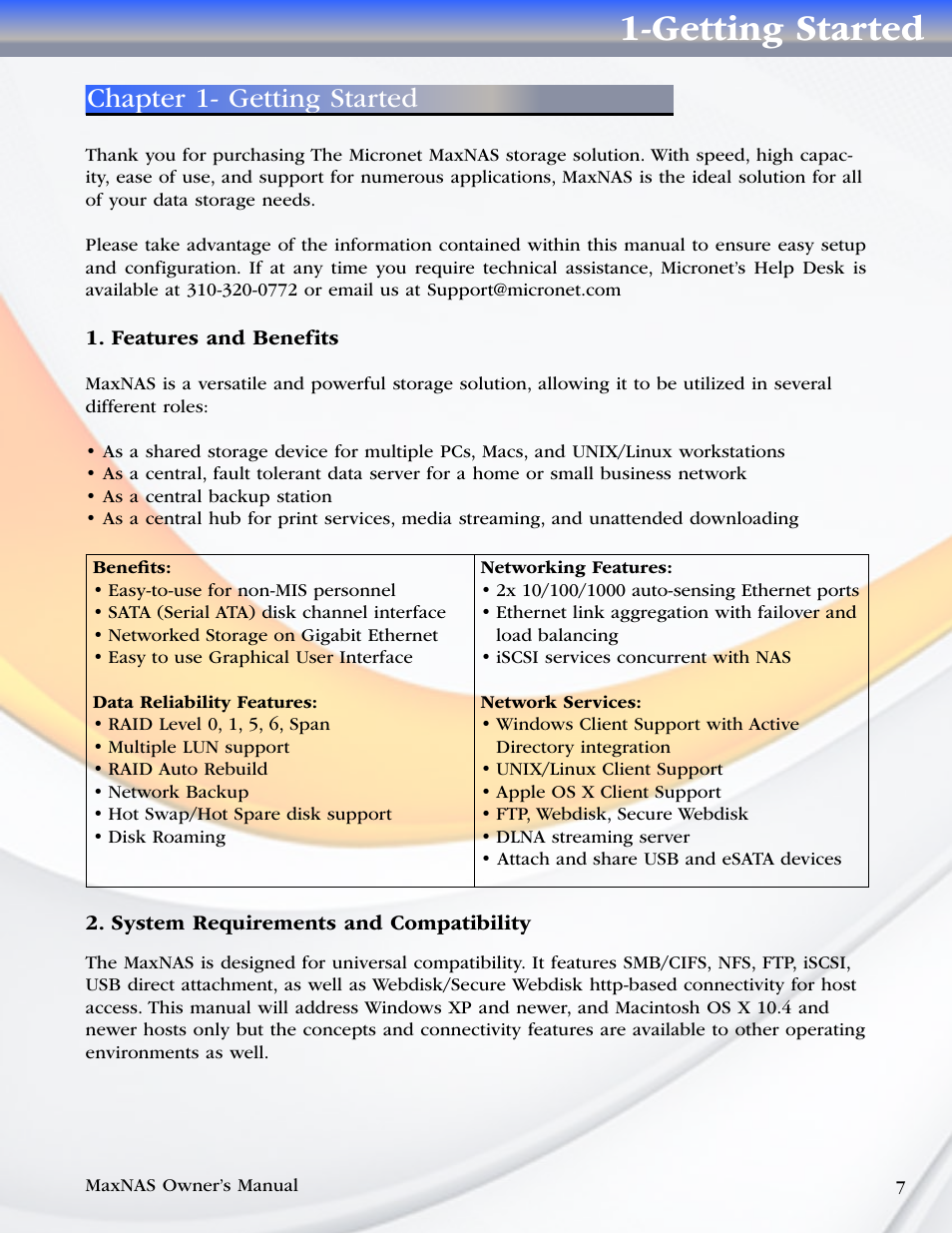 Chapter 1- getting started, Features and benefits, System requirements and compatibility | Getting started | MicroNet Technology MaxNAS User Manual | Page 7 / 79