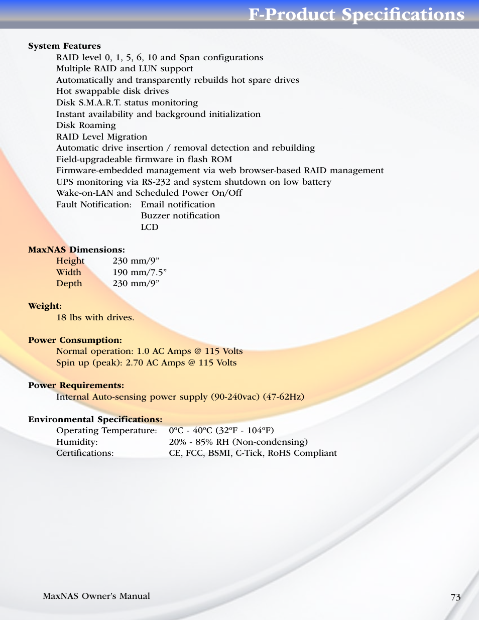 F-product specifications | MicroNet Technology MaxNAS User Manual | Page 73 / 79