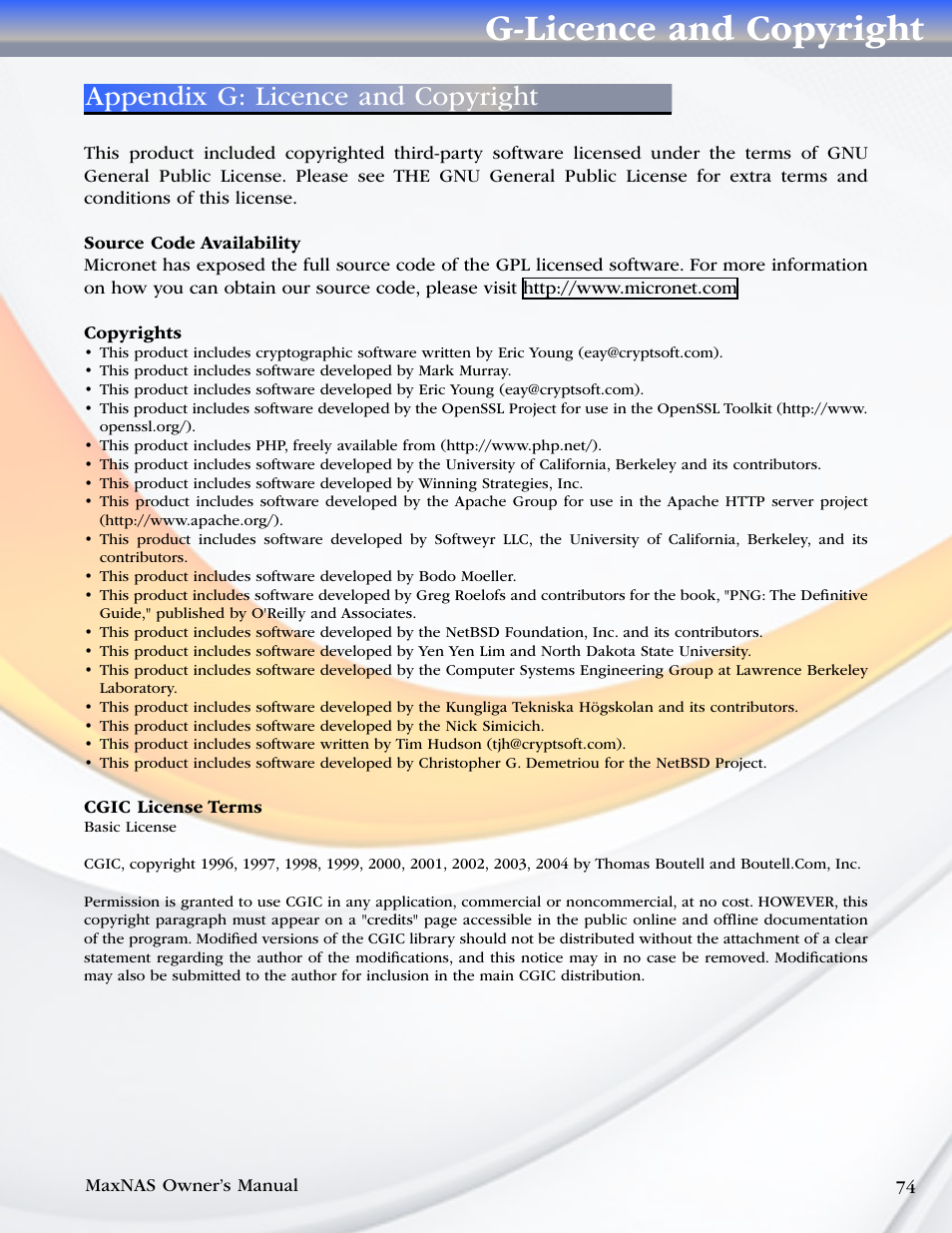 Appendix g: licence and copyright, G-licence and copyright | MicroNet Technology MaxNAS User Manual | Page 74 / 79