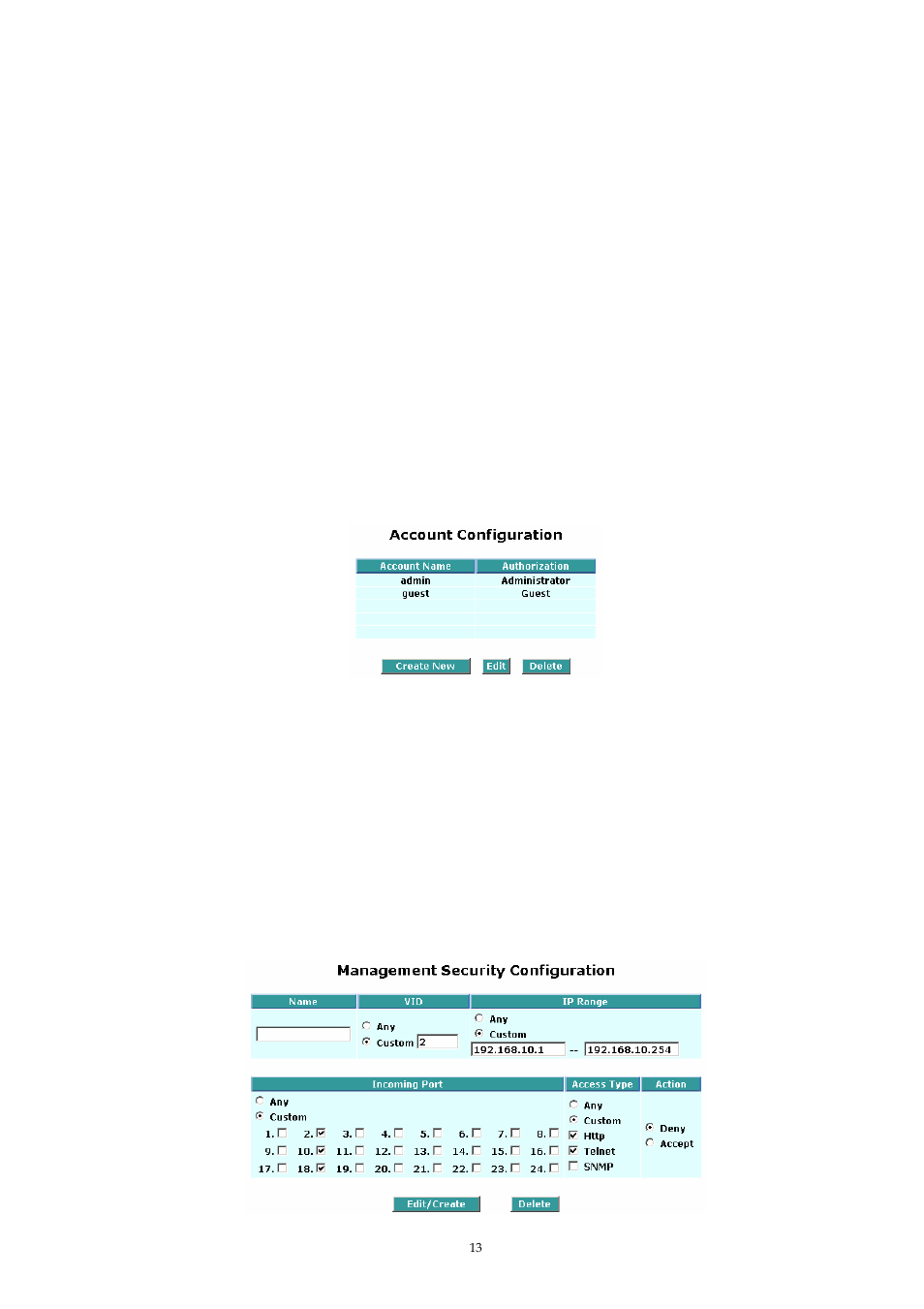 Account configuration, Management policy | MicroNet Technology SP1659P User Manual | Page 14 / 123