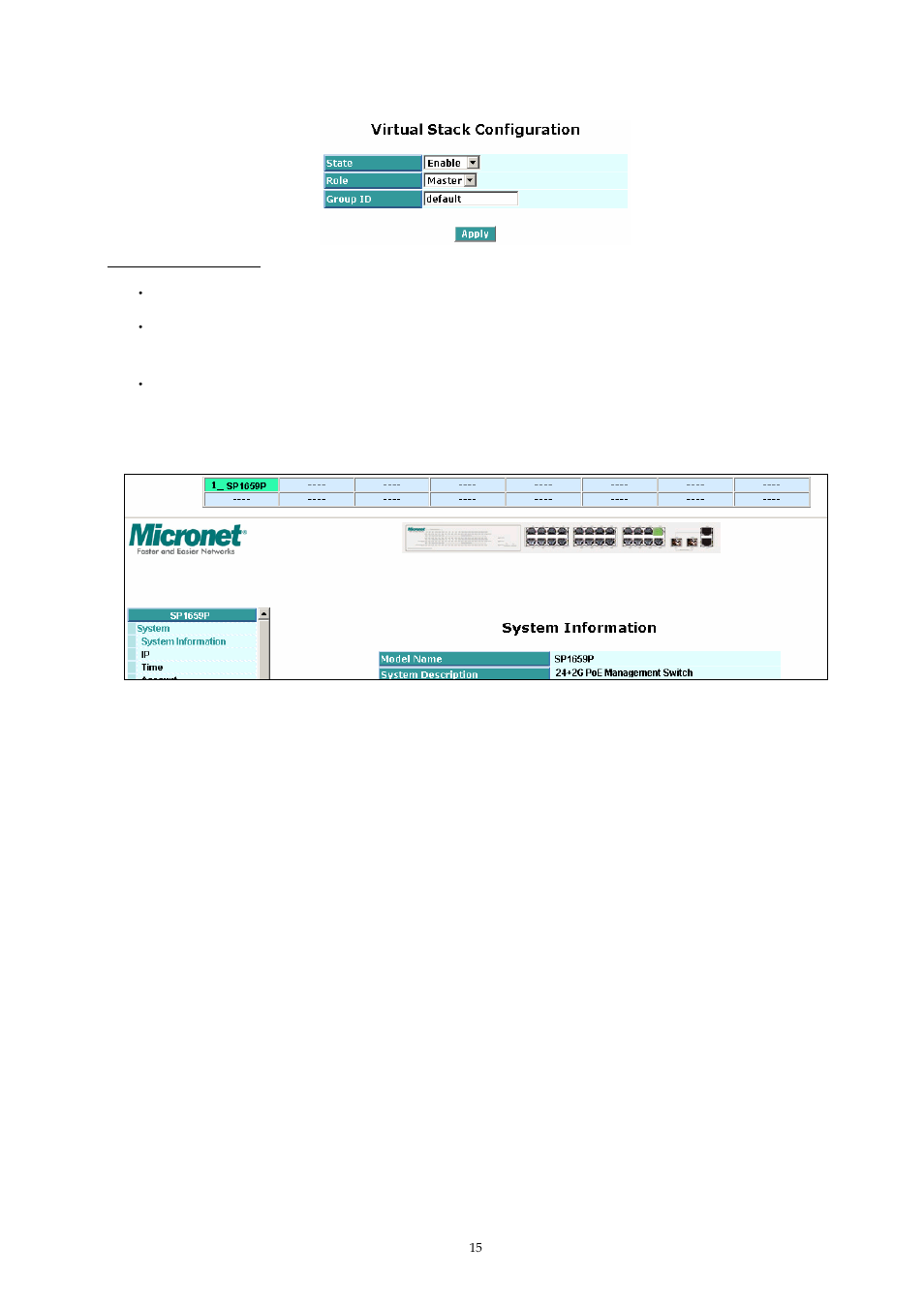 4 port configuration, Status, Onfiguration | MicroNet Technology SP1659P User Manual | Page 16 / 123