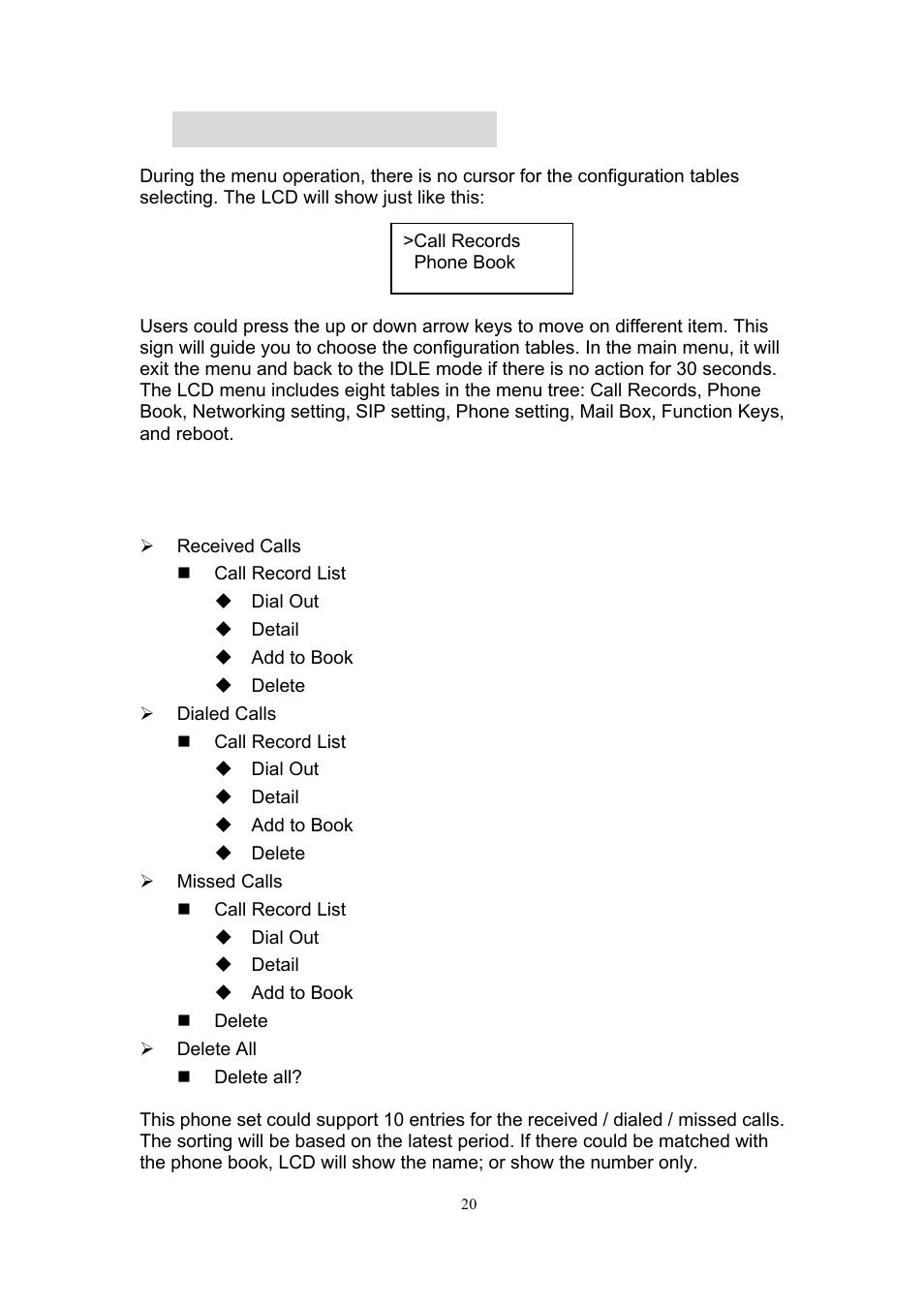 Lcd menu operation, 1 call records | MicroNet Technology SP5101 User Manual | Page 21 / 86