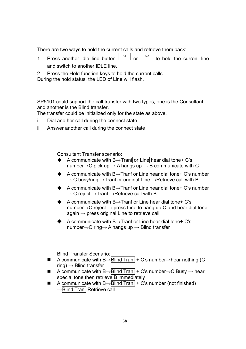 4 hold and retrieve calls, 5 transfer, 1 consultant transfer | 2 blind transfer | MicroNet Technology SP5101 User Manual | Page 39 / 86