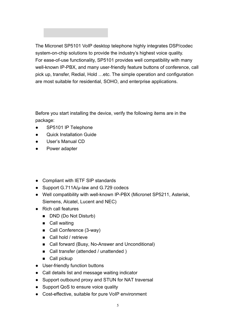 Introduction, 1 packet content, 2 key features | MicroNet Technology SP5101 User Manual | Page 6 / 86