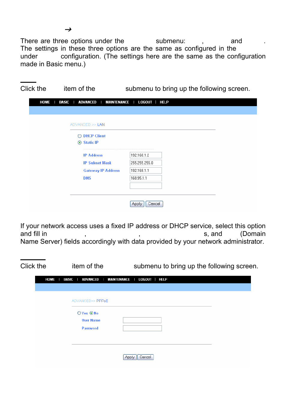 Advanced, Network, Pppoe | MicroNet Technology SP5530 User Manual | Page 24 / 67