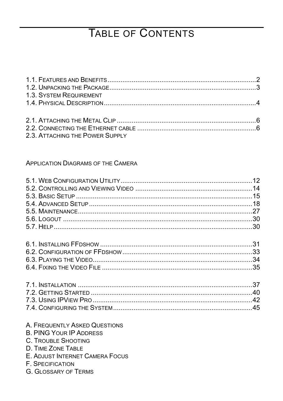 Able of, Ontents, About this manual 1. introduction | Hardware installation, Security 4. application of the camera, Using the camera, Ffdshow & avisavior, Ipview pro, Appendix | MicroNet Technology SP5530 User Manual | Page 3 / 67