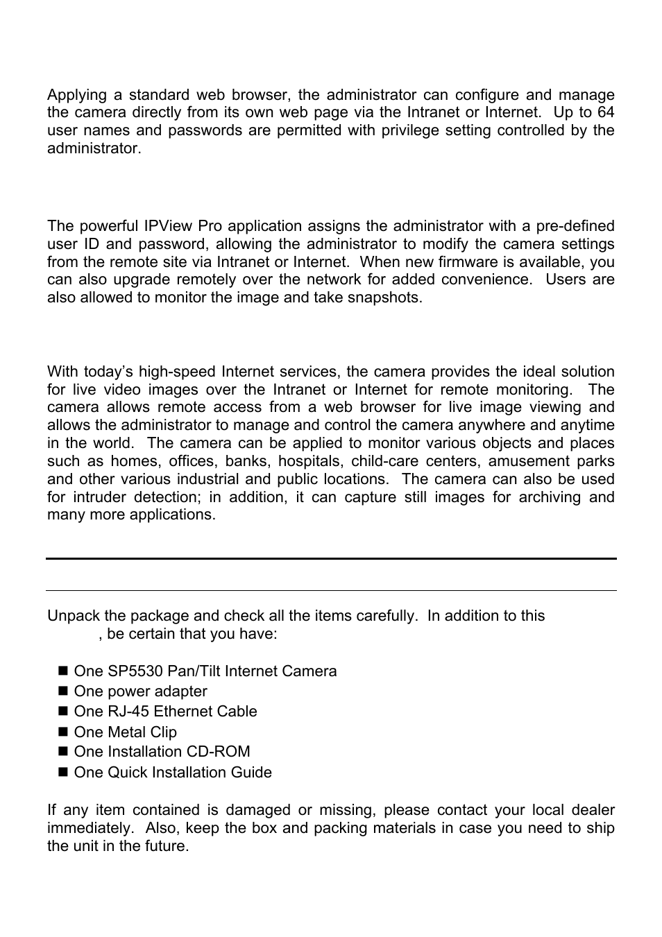 Unpacking the package, Web configuration, Remote utility | Broad range of applications | MicroNet Technology SP5530 User Manual | Page 6 / 67